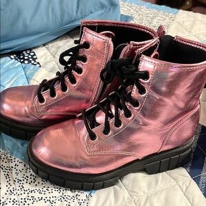 Pink Metallic Combat Boots with Chunky Sole
